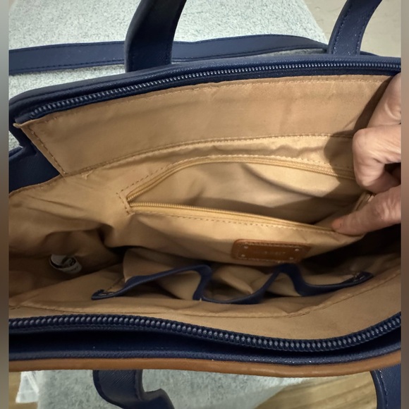 Nine West women’s blue, white and camel tan color block square satchel. - Picture 4 of 7